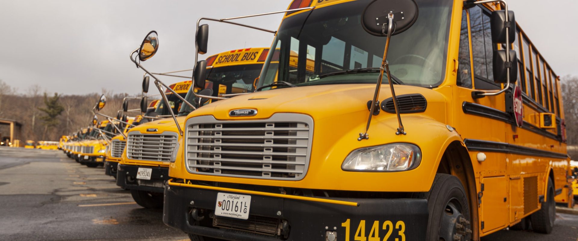Maryland school buses parked in parking lot