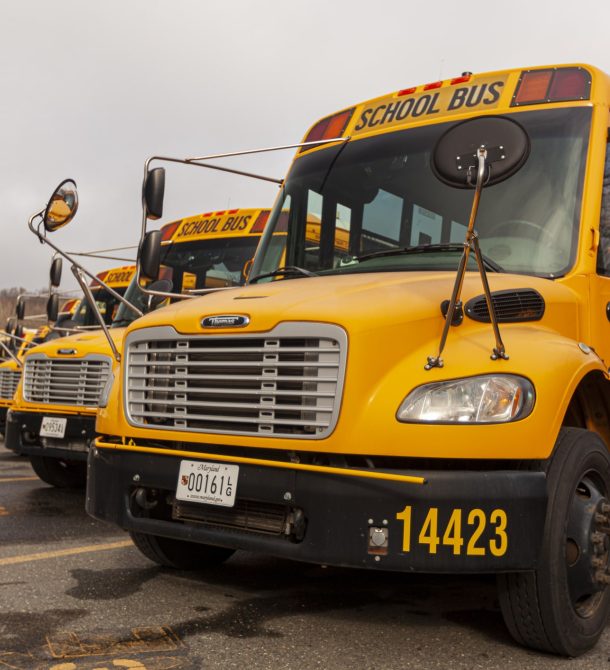 Maryland school buses parked in parking lot