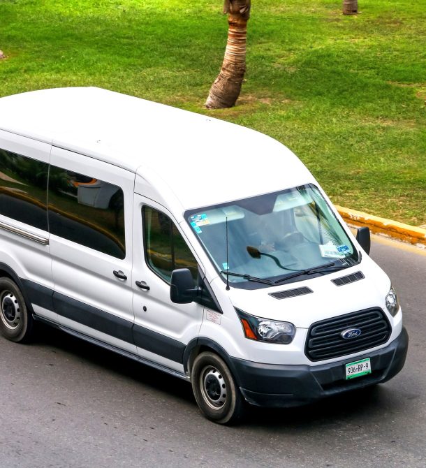 White van driving down road with palm trees