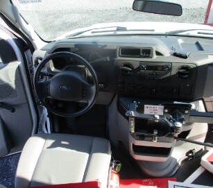 Inside driver's seat of bus