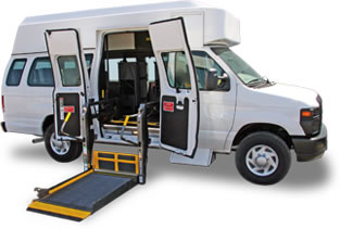 White paratransit van with ramp for wheelchair