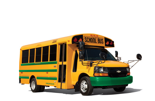 Green and Yellow Mino Propane CNG Equipped school bus