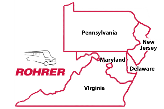 Red outlines of Pennsylvania, New Jersey, Maryland, Delaware and Virginia