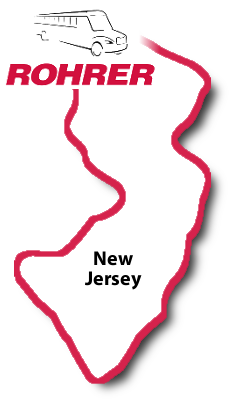 Rohrer bus logo on the outline of the state of New Jersey
