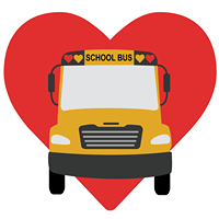 Animated school bus in front of a heart