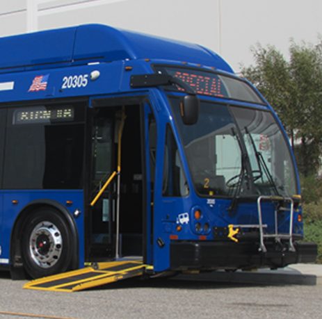 blue transit bus with ramp