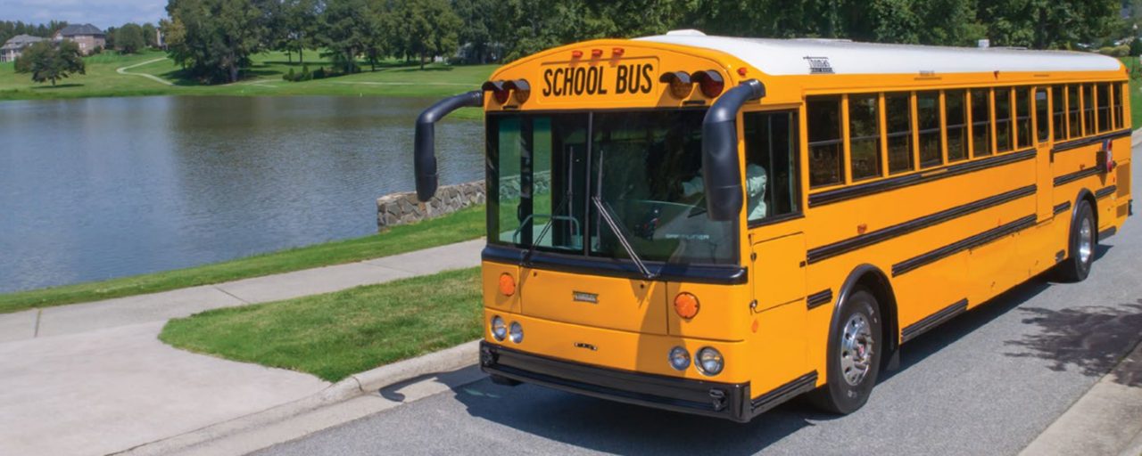 School bus near lake