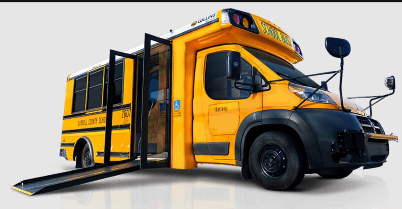 short yellow school bus with ramp